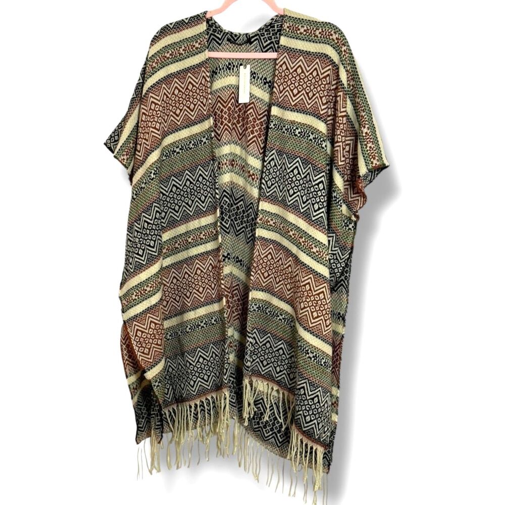 Anthropologie Boho Fringe Kimono Wrap Cardigan Women's One Size NWT Multicolor